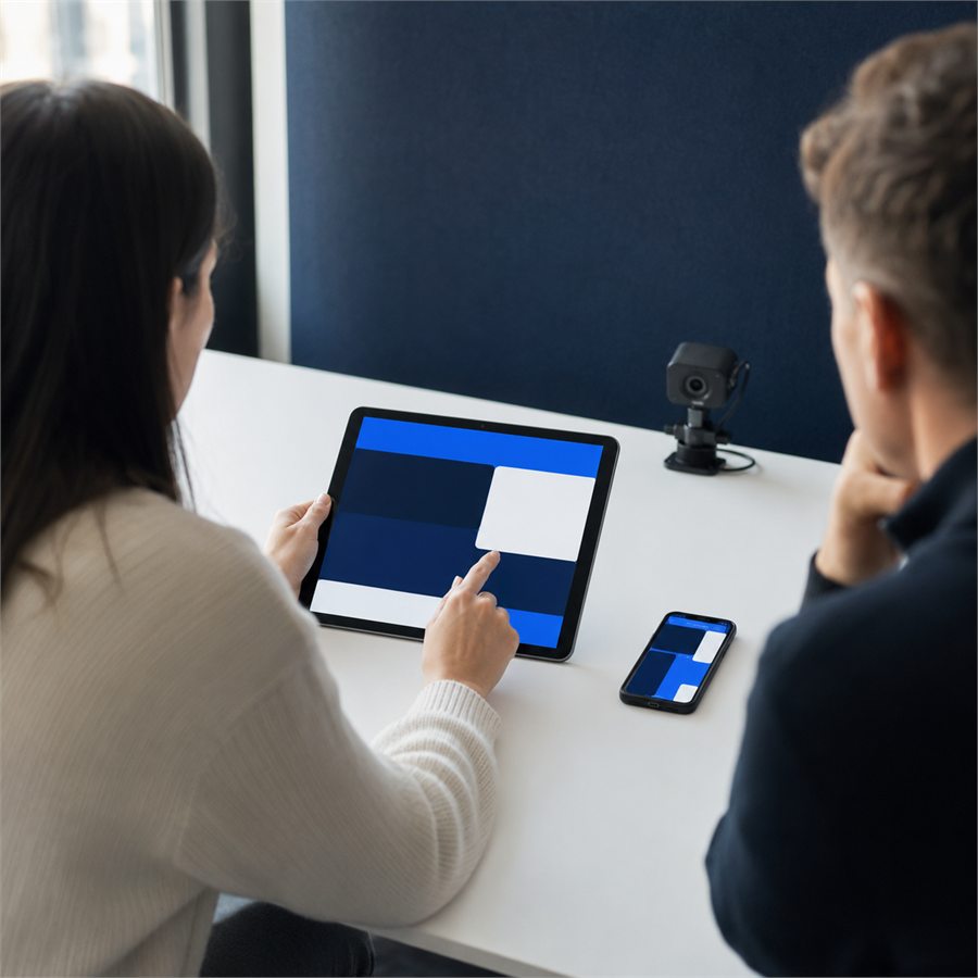 Two colleagues reviewing a blue and white advertising layout on a tablet.