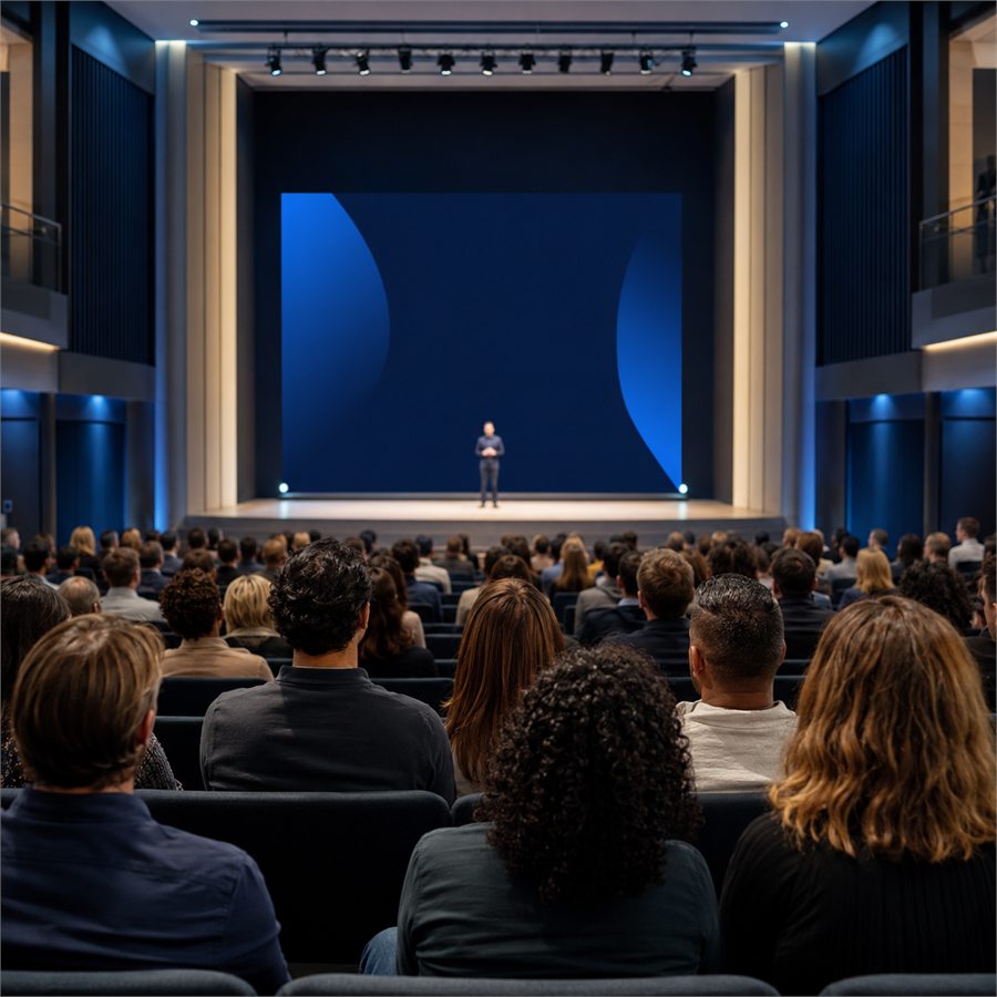 A speaker addressing a full auditorium from a lit stage.