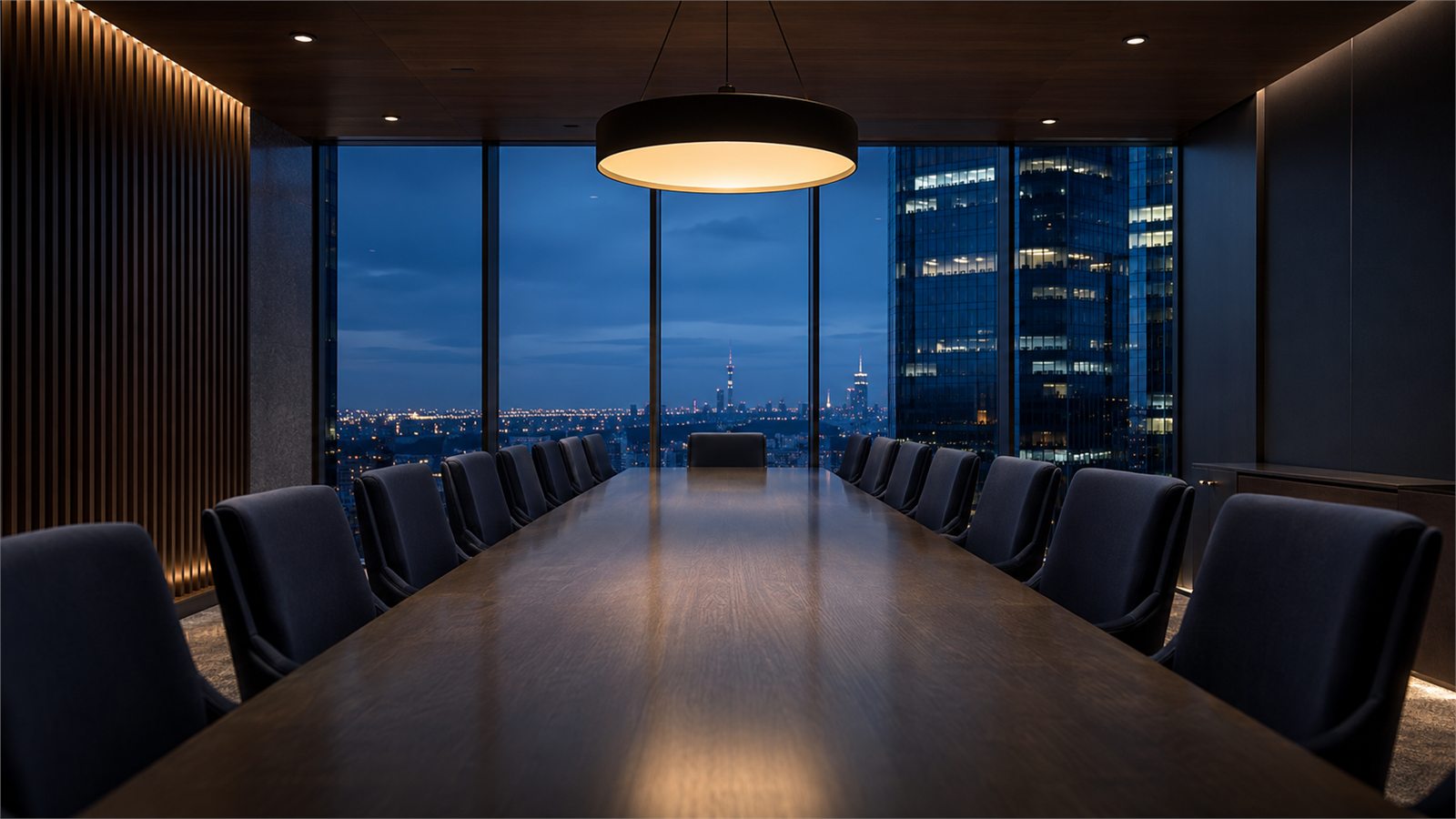 The Montlior Group boardroom: a long table beneath a pendant light with the city beyond the window.