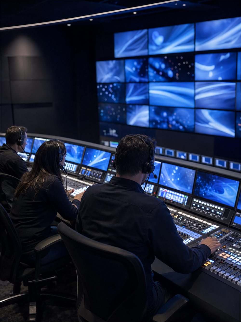 Technical staff at the consoles of a broadcast control room facing a wall of monitors.