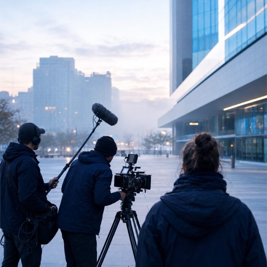 A camera crew with tripod and boom microphone filming in a city plaza at dawn.