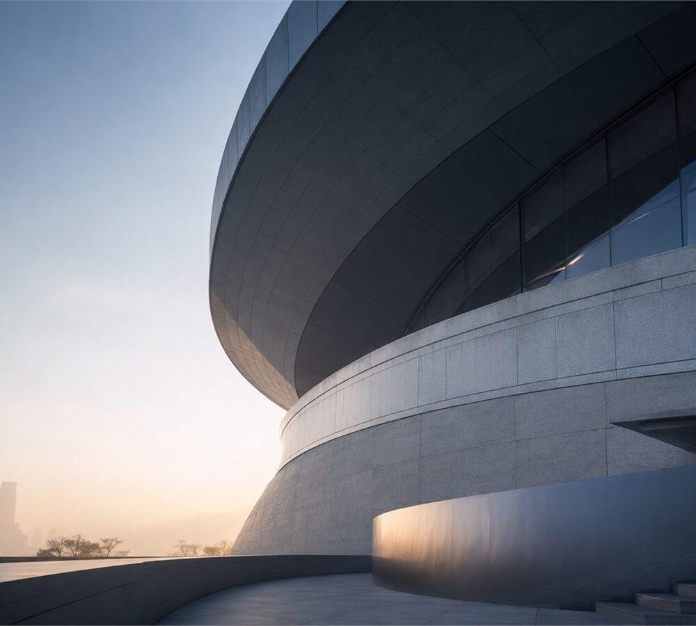 The curved stone facade of Montlior House catching the light at sunrise.