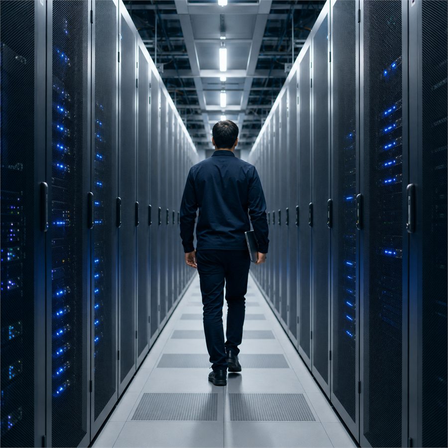 A technician walking down a corridor between racks in the Group's data centre.