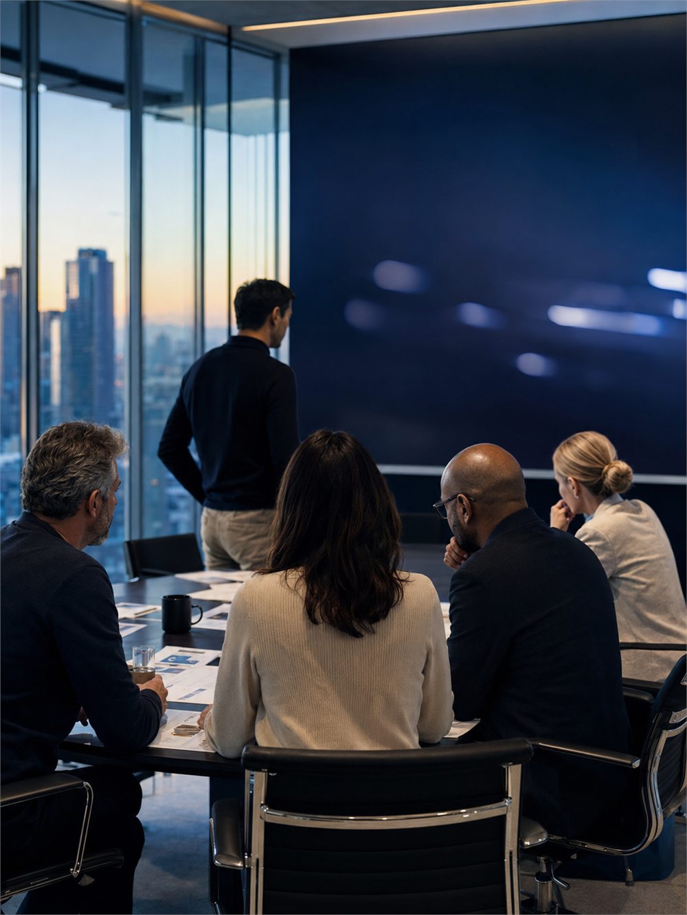 Five colleagues in an editorial meeting beside a window overlooking the city at dusk.