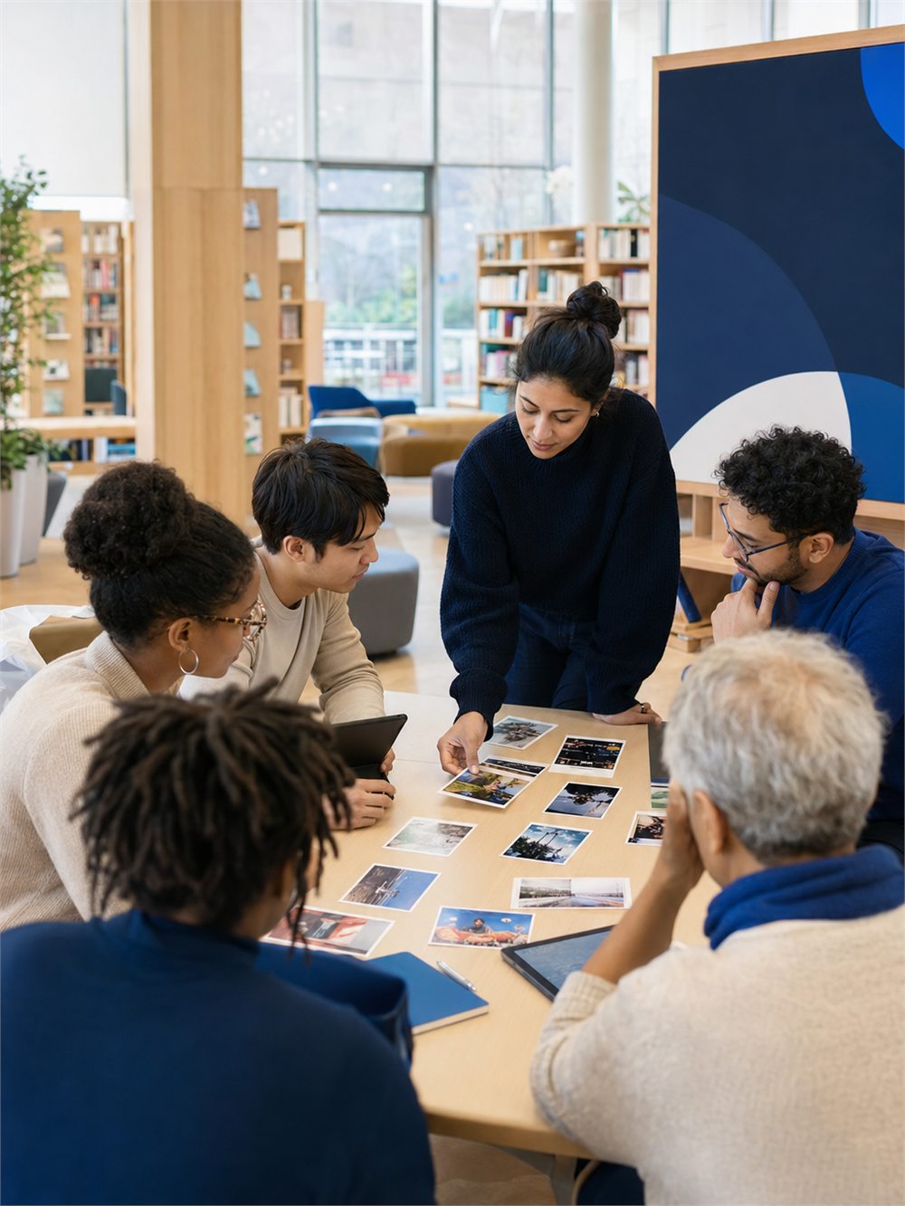 Editorial colleagues gathered around a table reviewing printed photographs in a light-filled room.