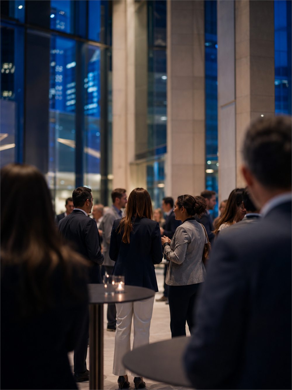 Guests talking at an evening reception in a lit office lobby.