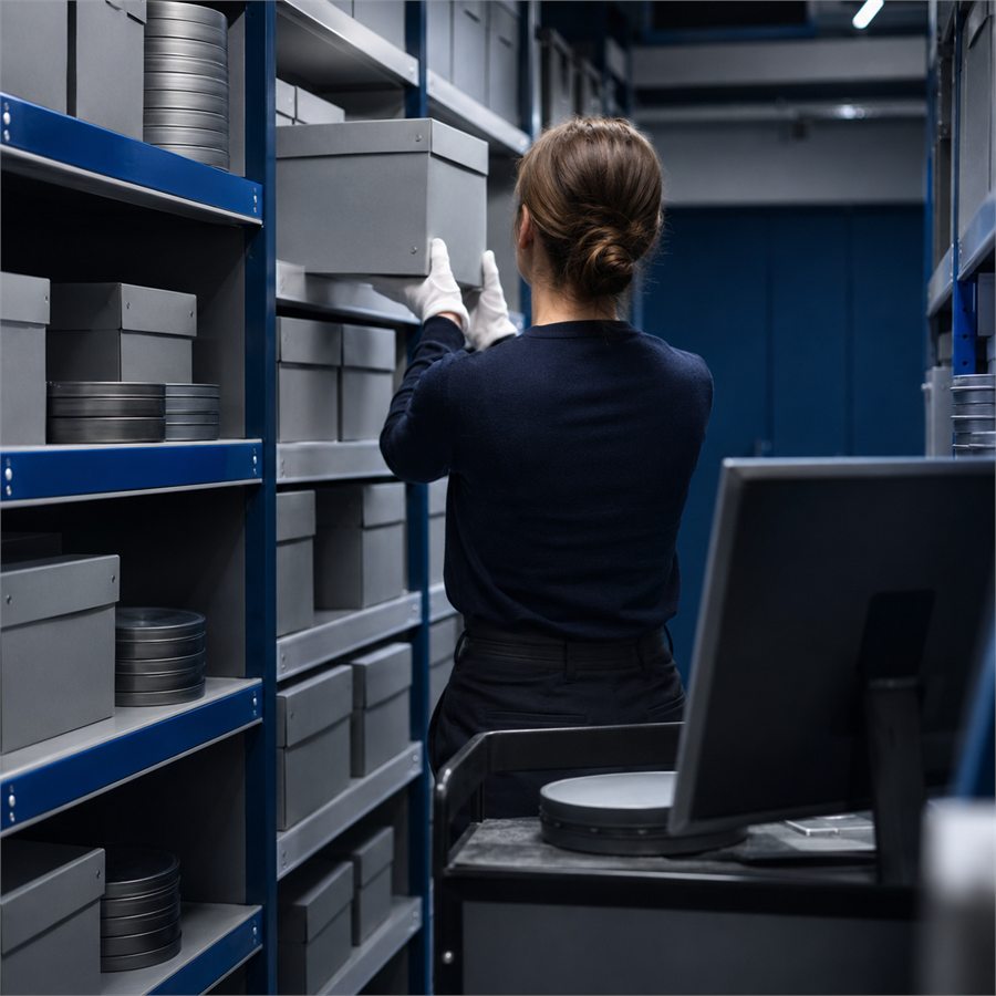 An archivist in white gloves retrieving film canisters from the Montlior archive shelves.