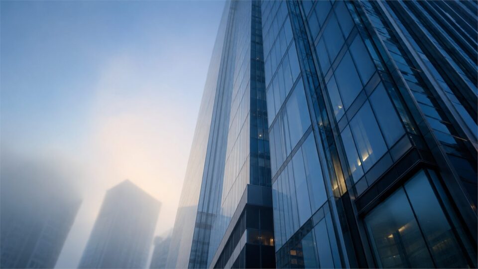 A glass tower rising into low morning mist.