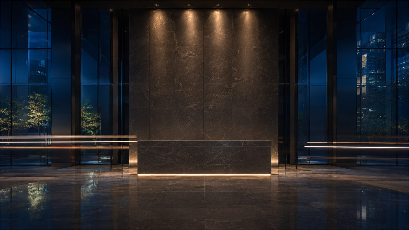 The marble reception desk in the lobby of Montlior House.