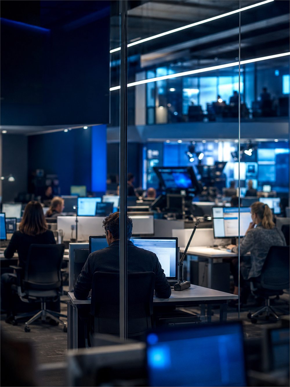 Journalists working at desks lit by screens during the newsroom night shift.