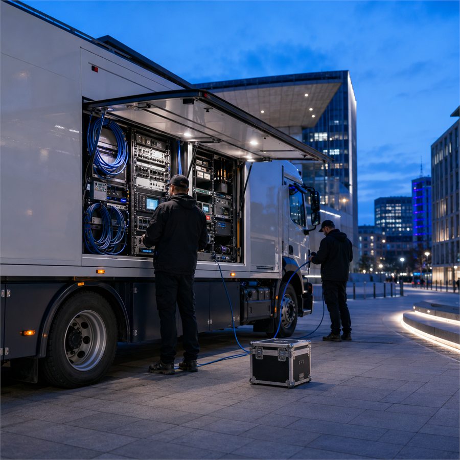 Engineers working at the open equipment bay of a Montlior Wire outside broadcast truck at dusk.