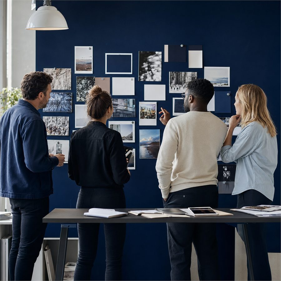 Four editors reviewing printed photographs pinned to a picture-desk wall.
