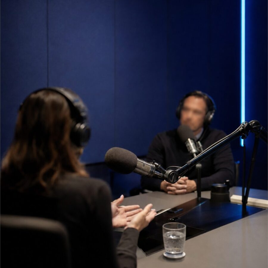 Two people recording an interview at microphones in a podcast studio.