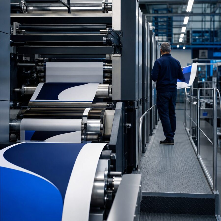 A newspaper printing press running blue and white printed sheets through its rollers.