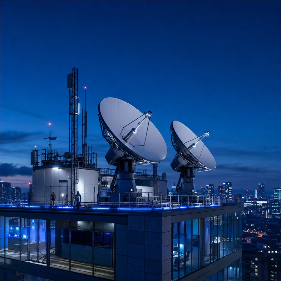 Two satellite uplink dishes on a rooftop against the city skyline at dusk.
