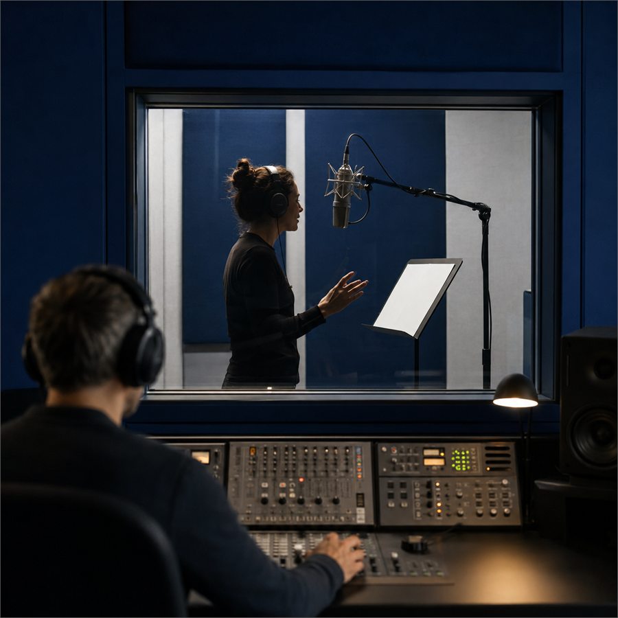 An engineer at a mixing desk watching a voice artist through the booth window.